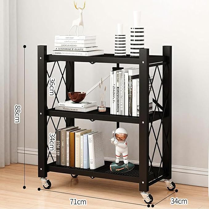 4-Tire Storage Rack, 28*13*34.5in Foldable Metal Garage Storage Shelves Organizer, Portable Metal Kitchen Shelving, Closet Shelving Unit Bakers Rack Microwave Stand, Black(Tiered Shelf-3)