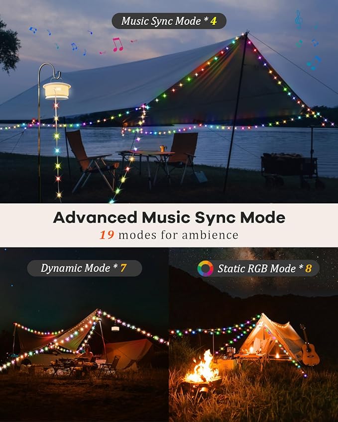 Camping String Lights – 4 in 1 Upgraded RGB Retractable Camping Lights with 19 Lighting Modes, Quick 20s Recovery, Waterproof, 33FT Portable, Rechargeable Tent Lights for Camping, Hiking,Travel,Gift