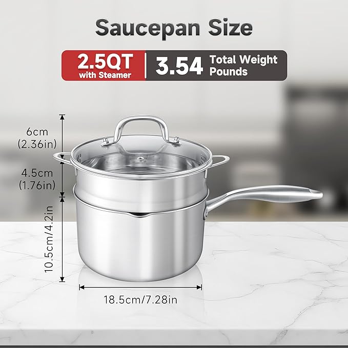 2.5 Quart Stainless Steel Saucepan with Steamer Basket, Tri-ply Full Body, Multipurpose Sauce Pot with Two-Size Drainage Holes Lid, Perfect For Boiling Gravies, Pasta, Noodles