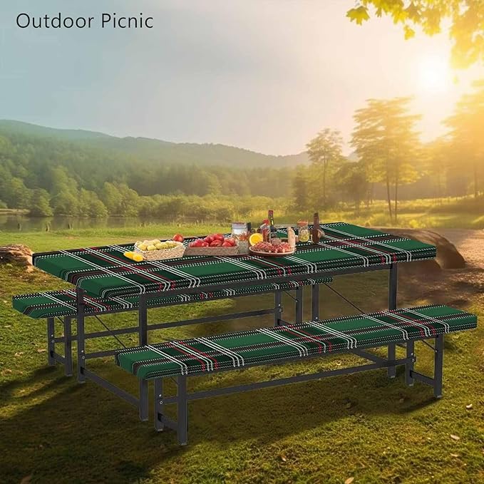CAPSCEOLL Elastic Picnic Table Cover with Bench Covers 5Ft Waterproof Fitted Picnic Table Cover Cloths for Outdoors Camping Tablecloth with Drawstring Bag, 60X30in, Christmas Green Buffalo Plaid