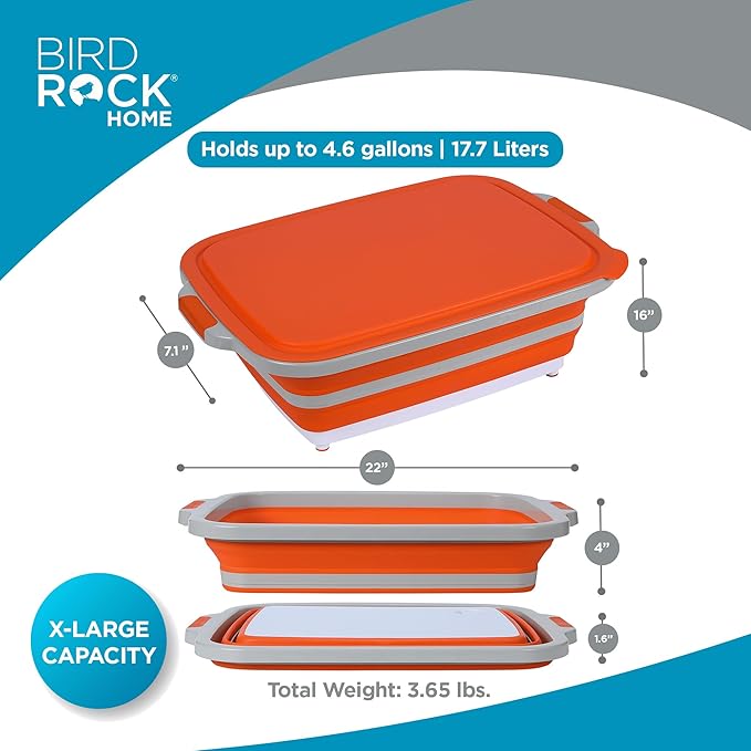 BIRDROCK HOME Collapsible XL BBQ Prep Tub w/Cutting Board, Multi-Function Grill Caddy w/Colander & Lid, Portable Silicone Dish Bowl for Picnic, Tailgate, Camping - Orange