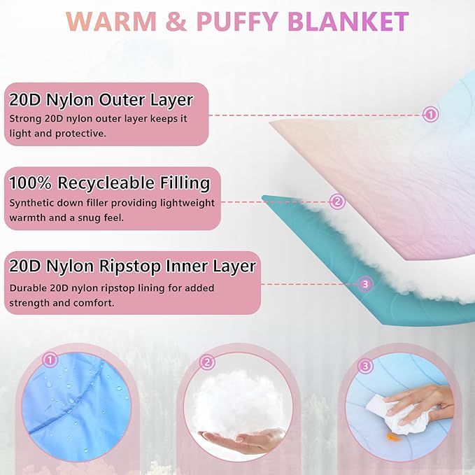 Outdoor Camping Blanket,Lightweight Down Alternative Puffy Camping Blankets Packable Waterproof Picnic Blanket Top Quilt for Sleeping Travel Stadium Hiking Cold Weather 55"x78.8"
