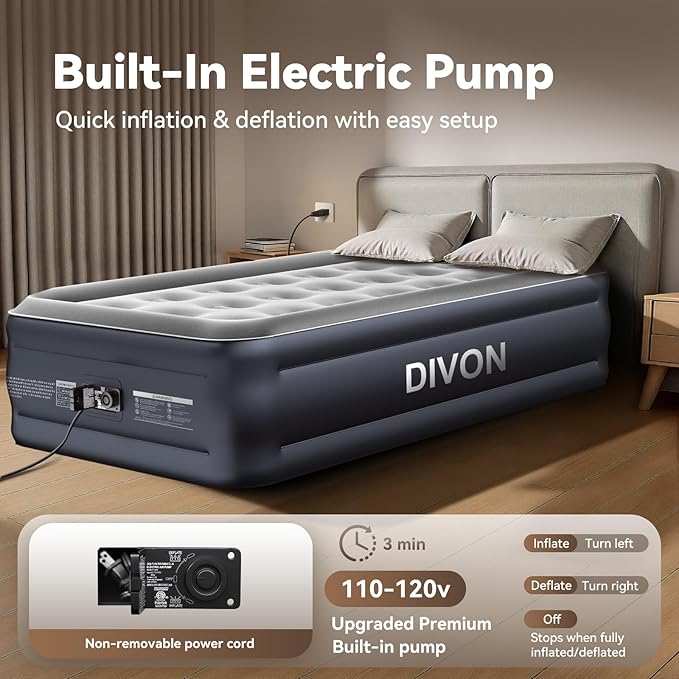 DIVON Twin Air Mattress with Built in Pump Raised, 2 Min Self Inflatable Mattress, 18’’ Blow up Mattress for Adults, 330 LBS Portable Air Bed for Guest, Camping, Travel & Floor, Dark Blue