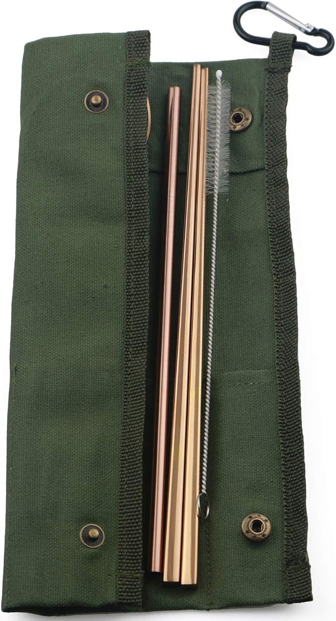 Portable 6 Pieces Flatware Set, 304 Stainless Steel Knife, Fork, Spoon, Chopsticks, Metal Straw, Cleaning Brush, Durable Travel Cutlery Set, Army Green Pouch Bag, Rose Gold