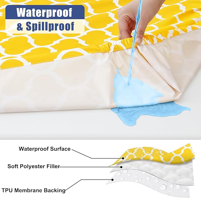 Smiry Picnic Table Cover with Bench Covers, Waterproof Elastic Fitted Tablecloth for 6 Foot Tables, Washable Polyester Tablecloths for Camping, Indoor & Outdoor (Yellow Morocco, 30x72 Inch 3-pc Set)