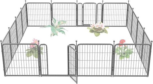 FXW Garden Fence with Door, 24in(H) x 30ft(L) 16 Panels Dog Fence Outdoor for The Yard - Heavy Duty Metal Fencing Tall Animal Barrier for Dog and Rabbit, Easy Assemble