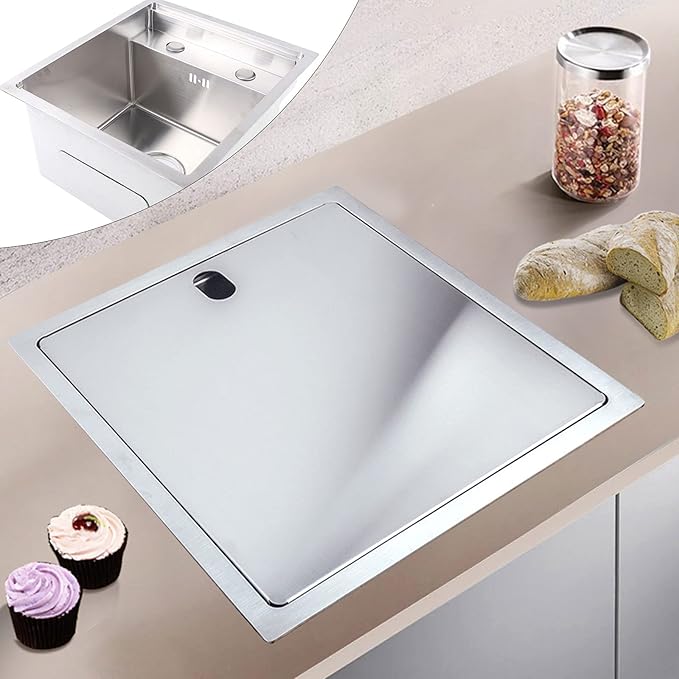 15-inch Hidden RV Bar Kitchen Sink with Folding Faucet, Cover, Drain Pipe and Strainer Full Set, Small Stainless Steel Sink for Workstation, RV, Prep Kitchen and Bar(Silver)