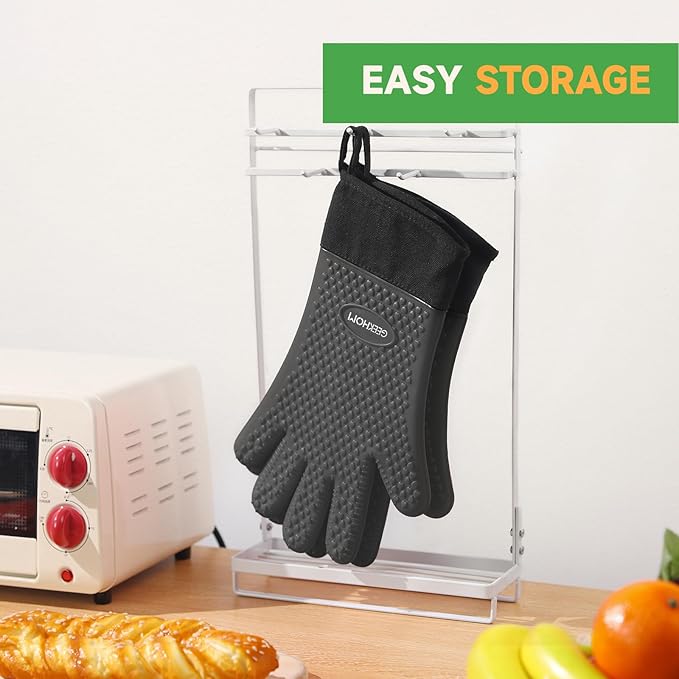 GEEKHOM BBQ Gloves Heat Resistant Oven Mitts - Silicone Grilling Gloves with 13.7" Arm Protection - Waterproof Pot Holder Non-Slip for Men & Women, Kitchen Outdoor Cooking, Baking, Camping, Gray