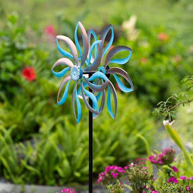 Metal Wind Spinners Outdoor,Vintage Kinetic Wind Spinner Garden Pinwheels with Metal Stake for Patio,Lawn,Garden,Creative Gifts for Women, 57.5 * 13.5 Inch (Blue)