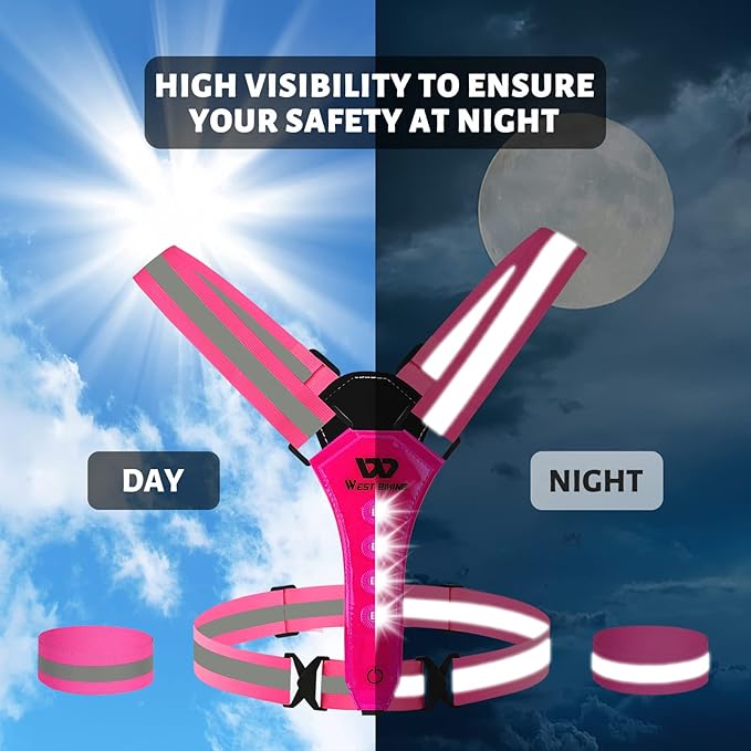 West Biking Running Vest Light - Led Running Reflective Gear for Walking at Night, High Visibility Night Rechargeable Light Up Running Vest, Adjustable Running Lights for Runners