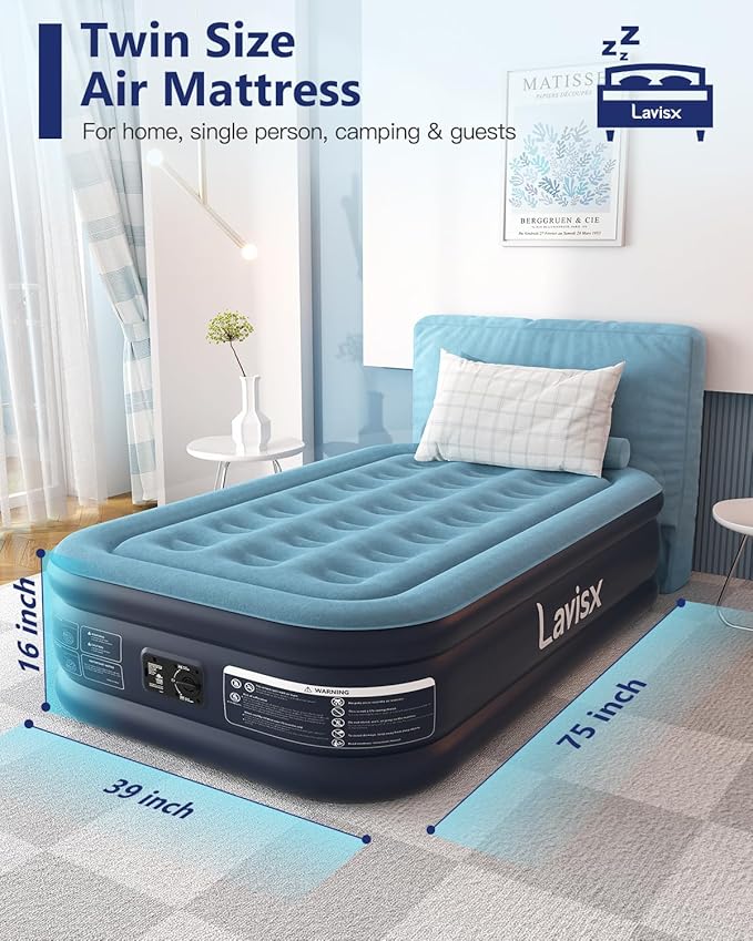 Twin Air Mattress with Built in Pump 16" Blow Up Mattress Raised Air Bed, 3 Mins Quick Self Inflatable with Storage Bag for Guest and Home