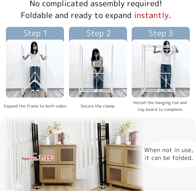 lumizone Expandable Wardrobe Closet, Foldable Clothing Rack with Shelves, Heavy Duty Collapsible Garment Rack Organizer for Hanging Clothes, Shoes & Storage(Black)