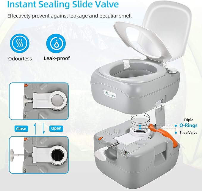 YITAHOME Portable Toilet Camping Porta Potty 5.8 Gallon with Carry Bag and Hand Sprayer, Leak-Proof Indoor Outdoor Toilet with Level Indicator, Handle Pump, for RV Travel, Boat and Trips
