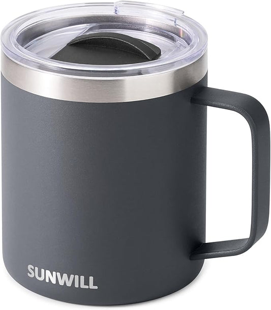 SUNWILL Travel Coffee Mug with Lid, Insulated Tumbler with Handle, 14 oz Stainless Steel Cup for Home, Office, Camping, Powder Coated Charcoal