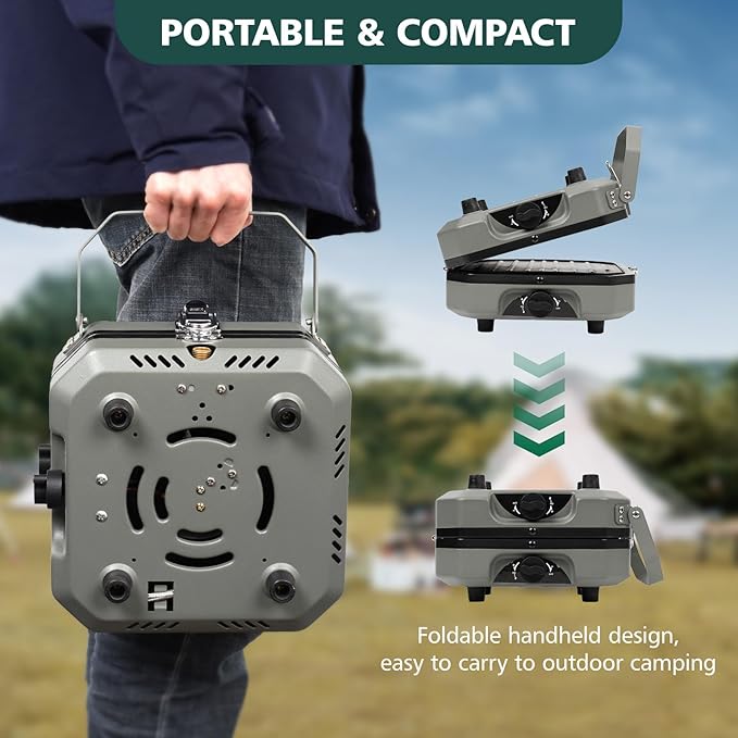 2 Burner Portable Camping Stove with Griddle 17200 BTU Folding Camp Gas Stove Camping Adjustable Burners Piezo Ignition