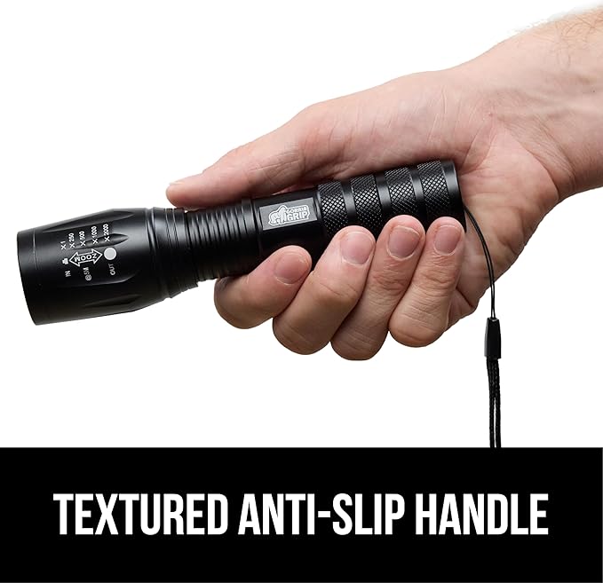 GORILLA GRIP Powerful LED Tactical Flashlight, 750 FT High Lumens 5 Adjustable Modes, Water Resistant, Ultra Bright Zoom Flashlights, Small Mini Flash Light, Camping, Night Dog Walking, Black
