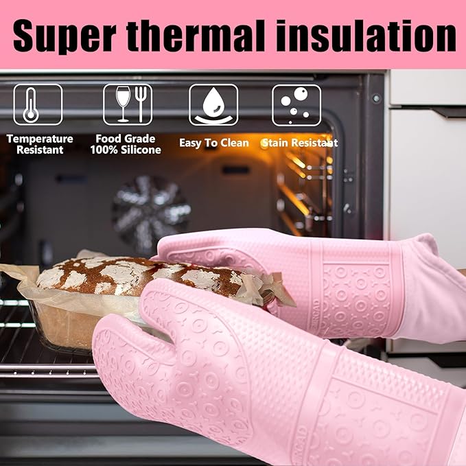 Oven Mitts with Heat-Resistant Hot Pads and Five Silicone Spatulas Designed for Kitchen Baking Cooking, Oven Glove Soft Cotton Lining, Waterproof, BPA-Free (Pink, 15.7)