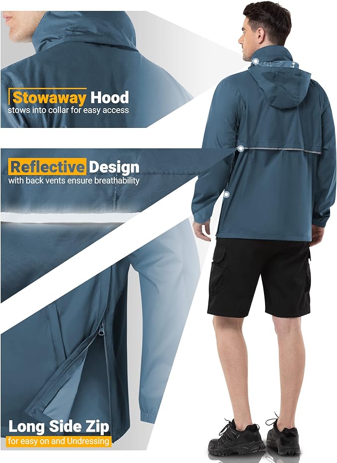 Outdoor Ventures Men's Rain Jacket Waterproof Lightweight Packable Rain Pullover for Hiking Golf Running
