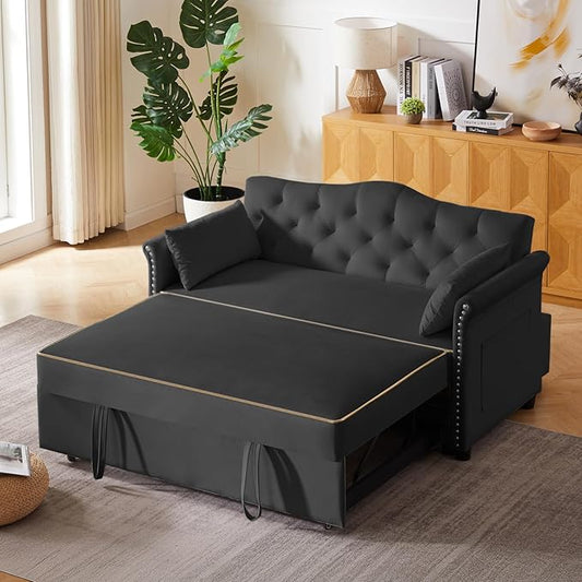 57" Velvet Pull-Out Sofa Bed, 3-in-1 Convertible Loveseat with Gold Trim Strips and Adjustable Backrest, Perfect for Living Rooms, Offices and Apartments (Black)