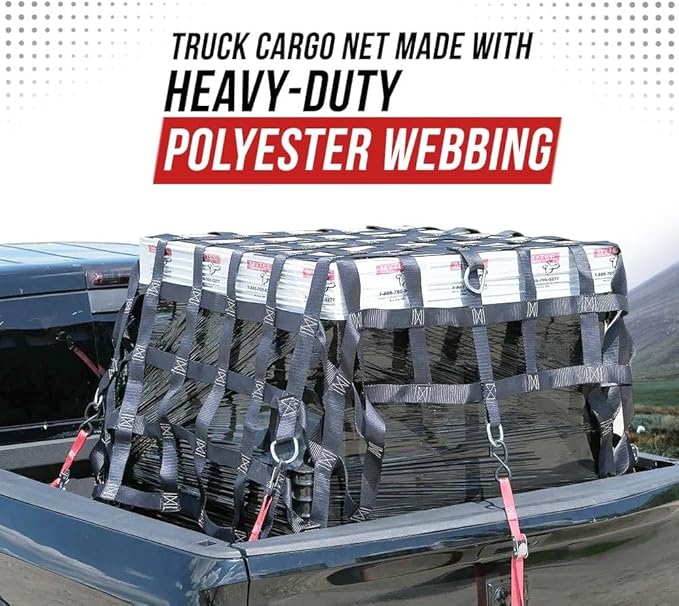 Mytee Products 6' x 8' Heavy Duty Cargo Net for Pickup Truck Bed with D Rings Tie Down Fittings - Durable Truck Bed Cargo Net with 6 Cam Buckle Tie Down Straps for Adjusment