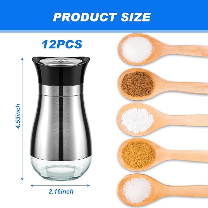 Layhit 12 Pack Stainless Steel Salt and Pepper Shakers Set with Stainless Steel Lid Glass Bottle Refillable Salt Dispenser for Kitchen Table Gadgets Cooking BBQ