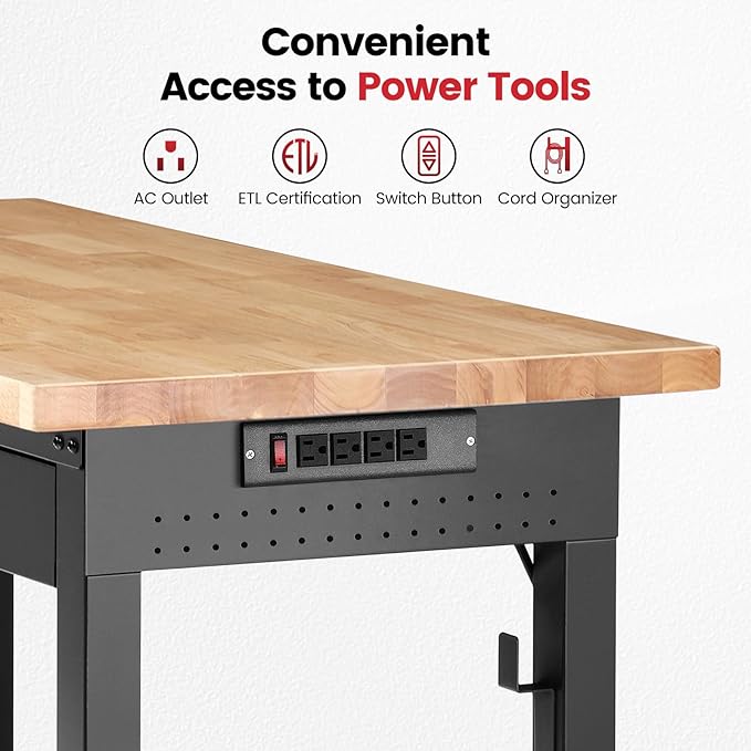 Workbench with Shelf Bracket 48 Inch Adjustable Height Work Bench for Garage Heavy Duty Rubberwood Tabletop Work Table with Drawer, Power Outlets for Woodworking, Home, Office, Workshop