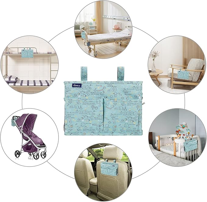 Surblue Bedside Caddy Hanging Bed Organizer Storage Bag Pocket for Bunk and Hospital Beds, College Dorm Rooms Baby Bed Rails,Camp Chiars，Wheelchair Side Bag，4 Pockets and 2 Hooks (Cartoon)