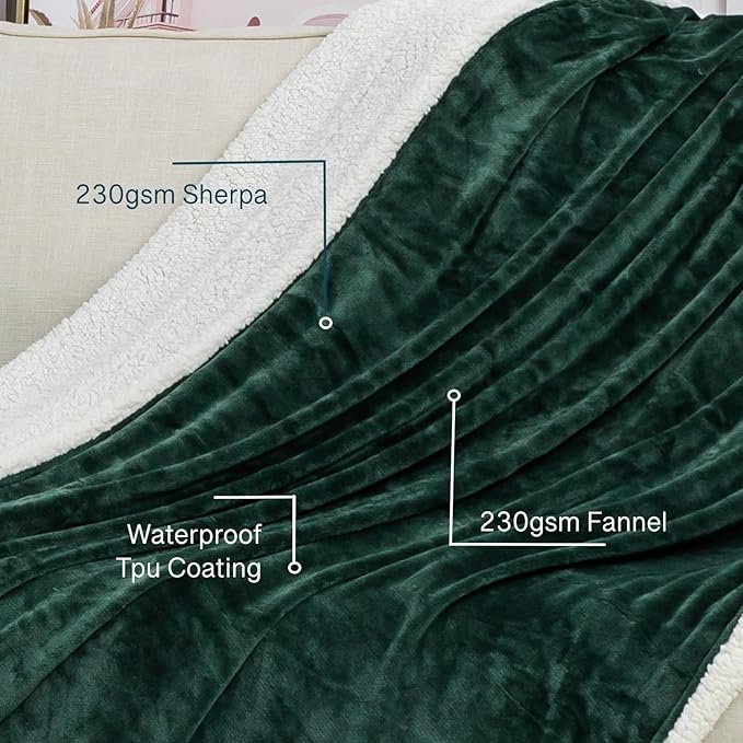 Waterproof Queen Size Blanket for Bed 60''x80'', 3 Layer Lightweight and Stain Proof Bed Blanket Water Proof & Dogs, Blankets Waterproof - Sherpa Cover Mattress Protector(Emerald Green)