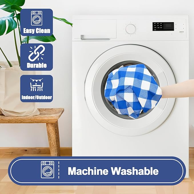 Smiry Picnic Table Cover with Bench Covers, Waterproof Elastic Fitted Tablecloths for 6 Foot Rectangle Tables, Washable Buffalo Plaid Tablecloth for Camping, Outdoor (Blue & White, 30"x72")