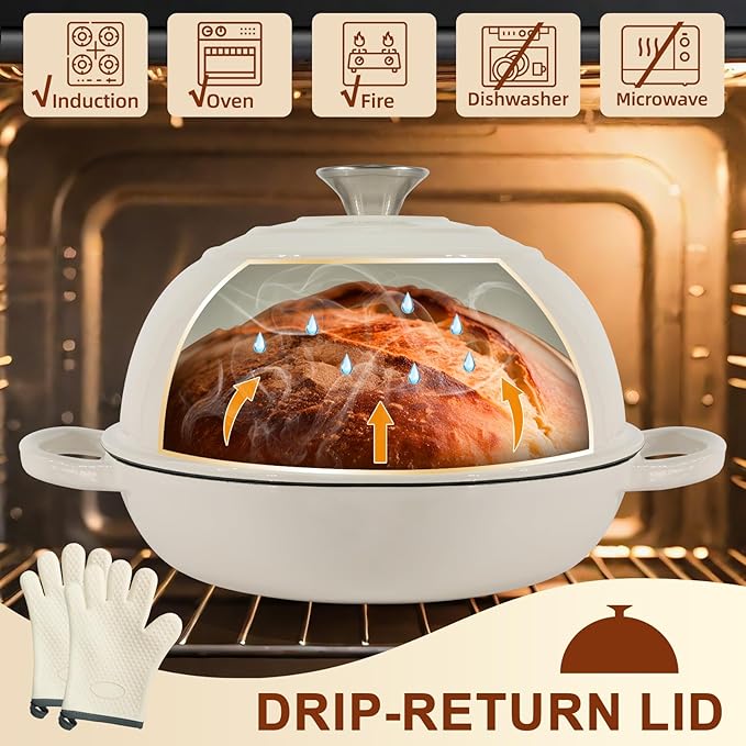 AHJ 6QT Dutch Oven For Bread Baking, Enameled Cast Iron Dutch Oven Pot with Lid, Multi-Functional Bread pan, Sourdough Baking Supplies with Proofing Basket, Cast Iron Bread Oven, Silicone Sling & Gloves.