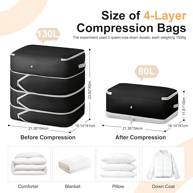 Comforter Storage Bag - 130L Large Capacity Blanket Storage Bags 4-Layer Ultra Space Saving Self Compression Organizer, Washable Compression Bags for Storage Comforter Blanket, 2-Pack, Black
