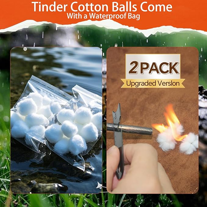 2PCS Magnesium Fire Starter with Striker, High Temp Magnesium Rod, Fire Starters for Survival Fire Steel Fero Rod, for Camping, Hiking and Emergency