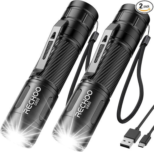 RECHOO Flashlight Rechargeable 2 Pack, 500 Lumens, 3 Lighting Modes & Zoomable, Small Tactical Torch Light for EDC and Emergency, Water Resistant, Duable, Included Pocket Clip & Lanyard