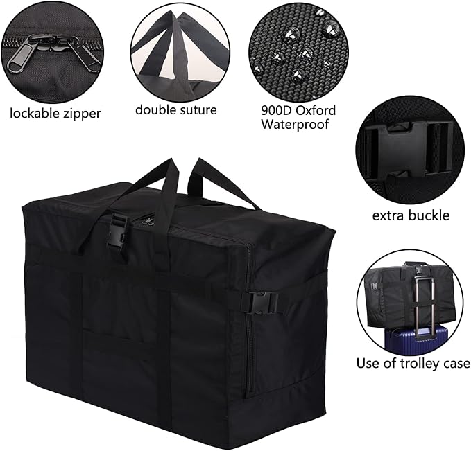 Travel Duffel Bag,75L For Spirit Airlines Foldable Travel Duffle Bag Tote,RicoRich Carry on Luggage Sport Duffle for Weekender/Vacation/Camping/Beach/Tent(Black)