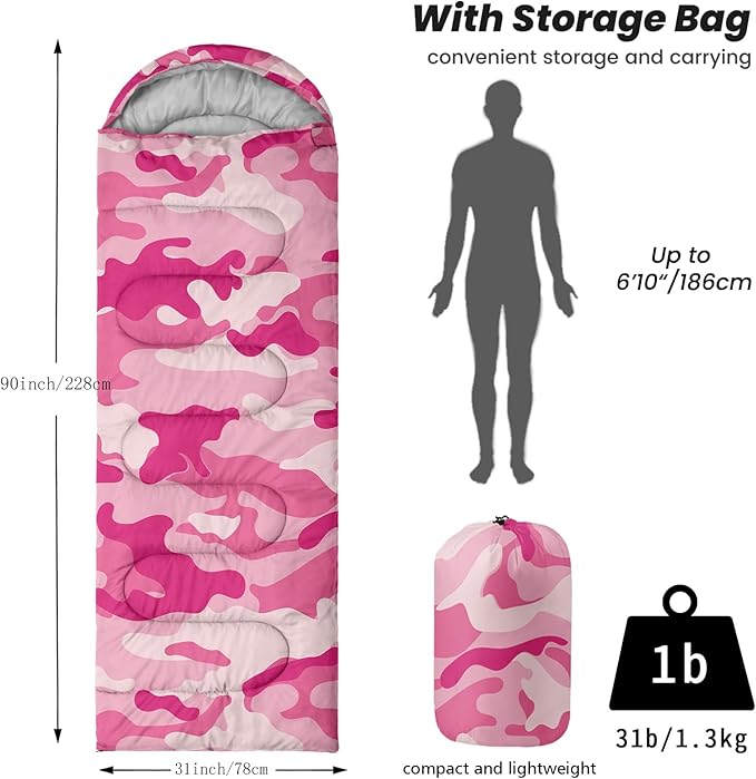 Sleeping Bags for Adults and Kids Backpacking Camping Sleeping Bags for Girls and Boys Lightweight Waterproof Cold/Warm Sleeping Bag for All Season