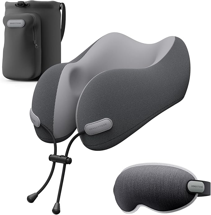 Neck Pillow for Travel Memory Foam Design Models Pillows with Zero Eye Pressure 3D Eye Mask and Compact Bag Traveling Essentials Plane Car Flight Rest Sleeping Use Adult, Dark Gray