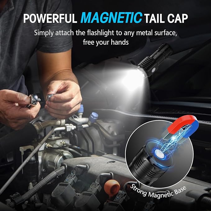 LETMY Rechargeable Mini Flashlights with Magnetic Base, 2 Pack Bright 3 LED Flash Lights, Small EDC Flashlight with Belt Clip, 4 Lighting Modes Portable Rechargeable Flashlights for Camping Home