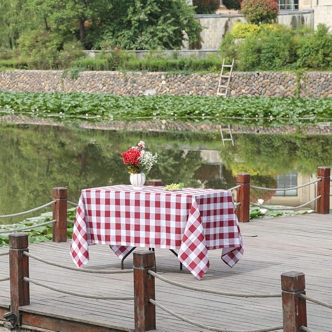 Poise3EHome 60X120 Outdoor/Indoor Waterproof Spillproof Rectangle Tablecloth for Camping, Picnic, Afternoon Tea, BBQ, Burgundy Red Checkered