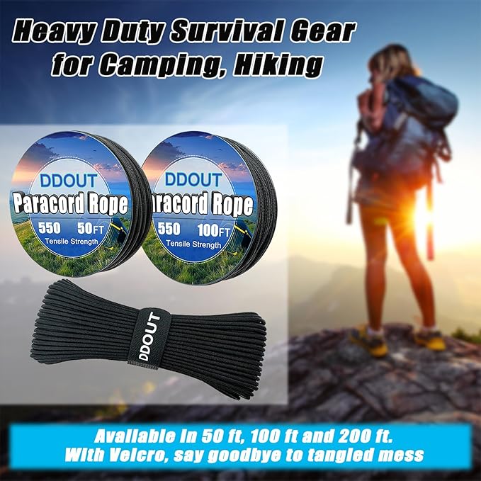 Paracord Nylon Rope with 7-Strand Core, 10 Colors and 50/100/200 ft, Type III Parachute Cord 4mm for Camping, Survival, Hiking, DIY, Crafting, Outdoor Utility Rope Black 50ft