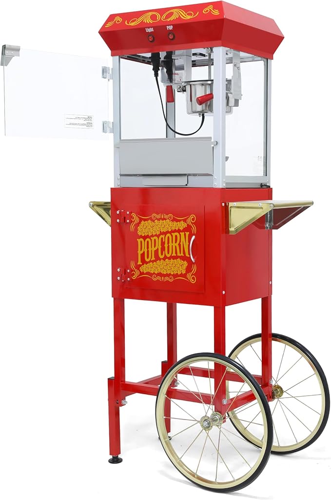 Popcorn Maker Machine - Professional Cart With 8 Oz Kettle Makes Up to 48 Cups, Stainless Steel Vintage Commercial Popcorn Machine Movie Theater Style (Red)