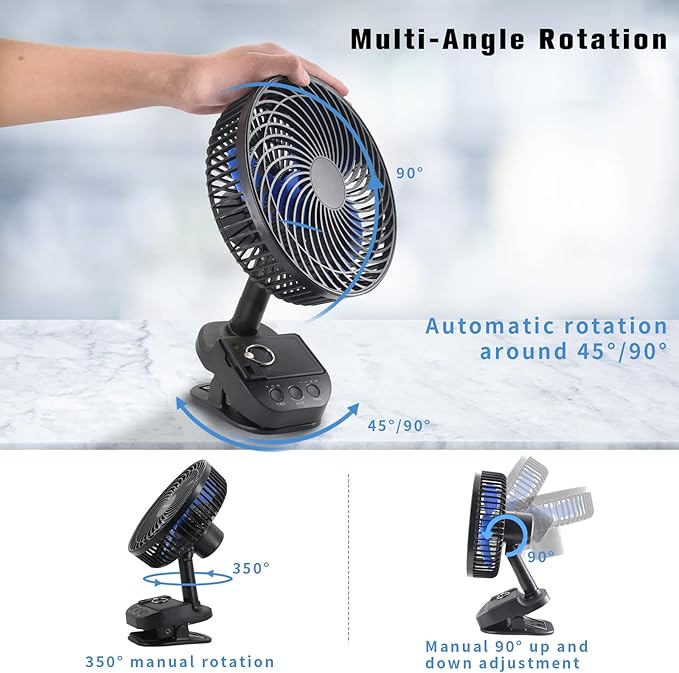 ATEngeus 4 in1 USB Fan, 8” Clip Fan, 10000mAh Rechargeable Table Fan, 5 Speeds Battery Operated Fan, 45°/90° Automatic Rotation, 3 Time Setting, with Clip & Hook for Homes, Offices, Bedroom