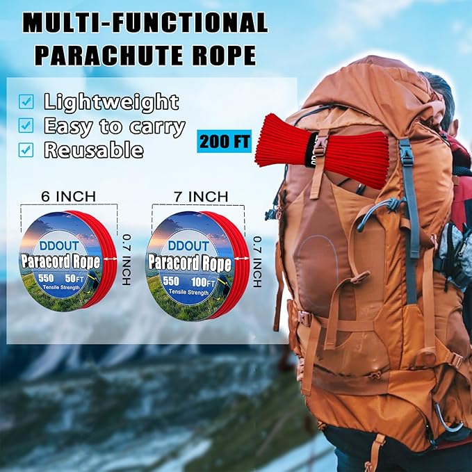 Paracord Nylon Rope Red 50ft with 7-Strand Core, 10 Colors and 50/100/200 ft, Type III Parachute Cord 4mm for Camping, Survival, Hiking, DIY, Crafting, Outdoor Utility Rope