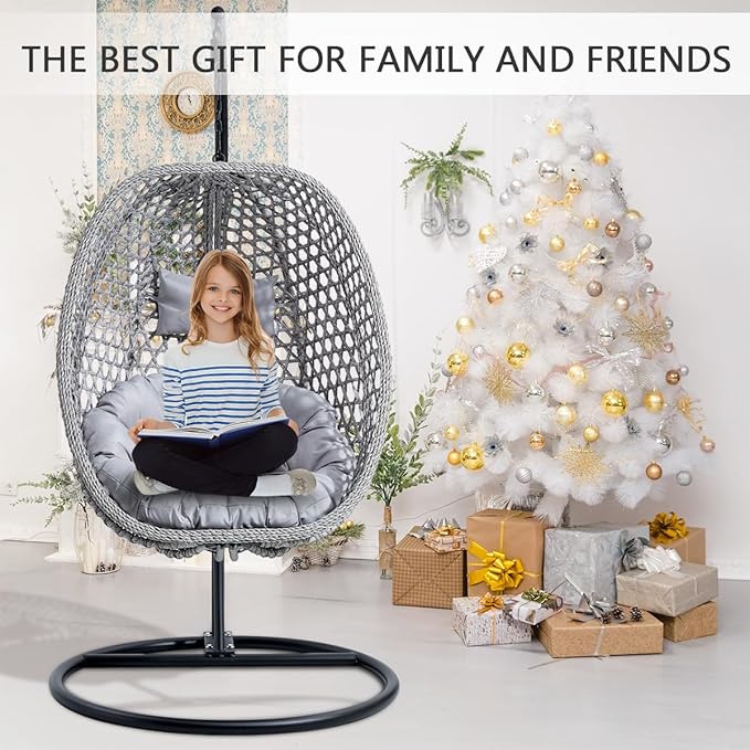 JUFU Egg Swing Chair with Stand,Hanging Egg Chair Indoor Outdoor,Hammock Hanging Basket Chair with Aluminum Steel Frame，Patio Egg Chair with Removable Cushions for Patio Balcony Backyard,Bedrooms
