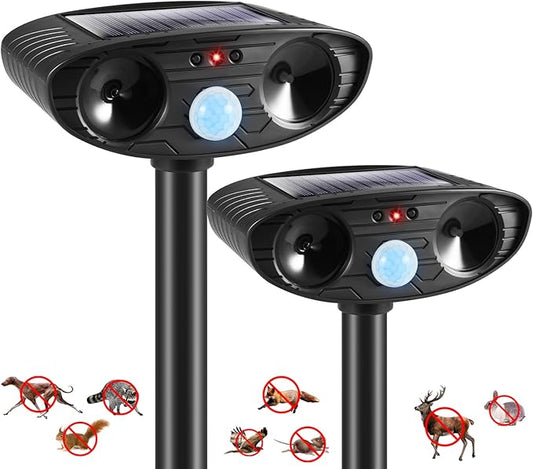 2Pack Deer Repellent Device Ultrasonic Raccoon Repellent Outdoor Solar Animal Repeller with Motion Detection Cat Deterrent Outdoorto Scare Rabbit Dog Coyote Squirrel Skunk Repellent for Yard 2025