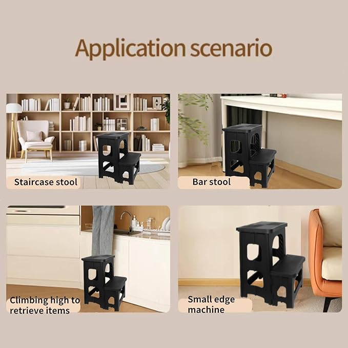 2-Step Folding Stool, Non-Slip Folding Step Stool Plastic Steps Ladder, Portable Bedside Step Stool, Hold up to 300 lbs, Lightweight & Foldable Step Ladder for Kitchen Toilet Office Home RV-Black