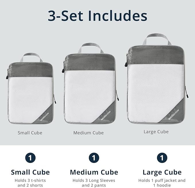3 Set Compression Packing Cubes for Travel - Compressible, Lightweight, and Space-Saving Packing Cubes, Travel Essentials for Women, Grey