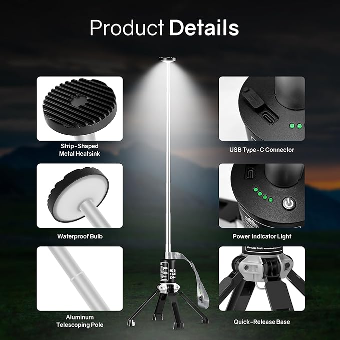 Rechargeable Work Light with Stand, 20000mah & 21h Runtime Light Tower，6500k 3 Modes Portable Power Supply, Magnetic Tent Lamps Perfect Outdoor Work Lighting for Hiking, Camping, Home Emergency.