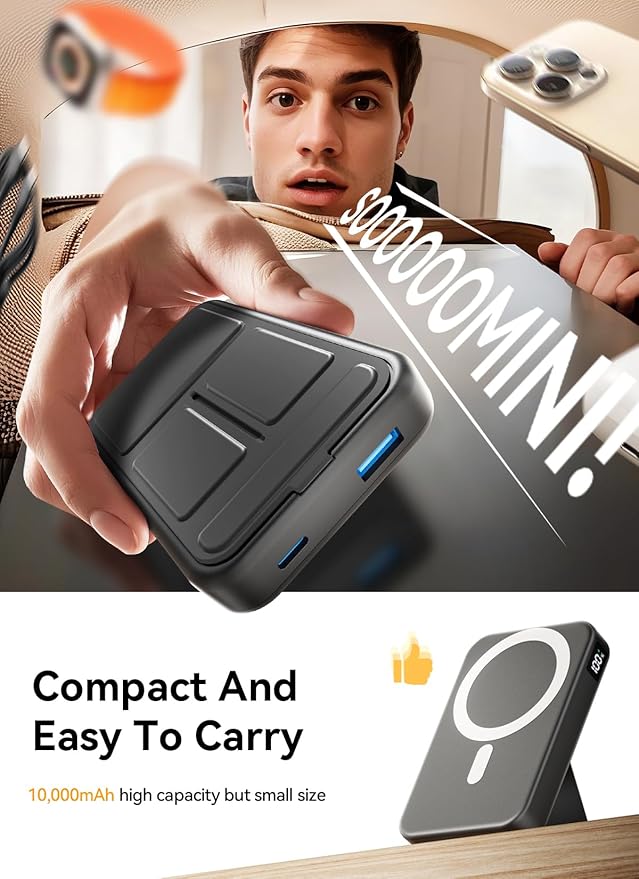 Magnetic Portable Charger, 10000mAh Wireless Power Bank with 20W USB-C Fast Charging, Foldable Stand & LED Display Magnetic Battery Pack, Compatible with iPhone 17/16/15/14/13 All Series