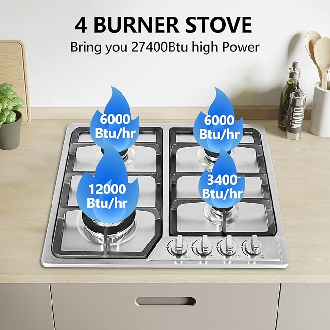 4 Burner 27400BTU 24 Inch NG/LPG Convertible Natural Gas Propane Cooktop, Stainless Steel Gas Stovetop with Thermocouple Protection for Kitchen, RV