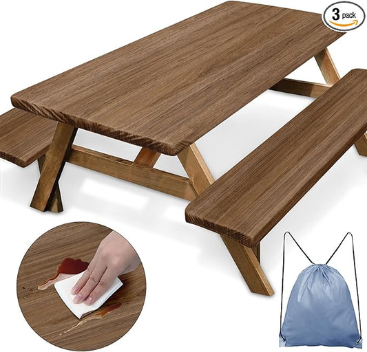 Picnic Table Cover with Bench Covers Elastic Edges, Wooden Brown Fitted Table Cover, Outdoor Patio Camping Essentials 72 Inch 3PCS, Waterproof Camping Fitted Tablecloth with Drawstring Bag
